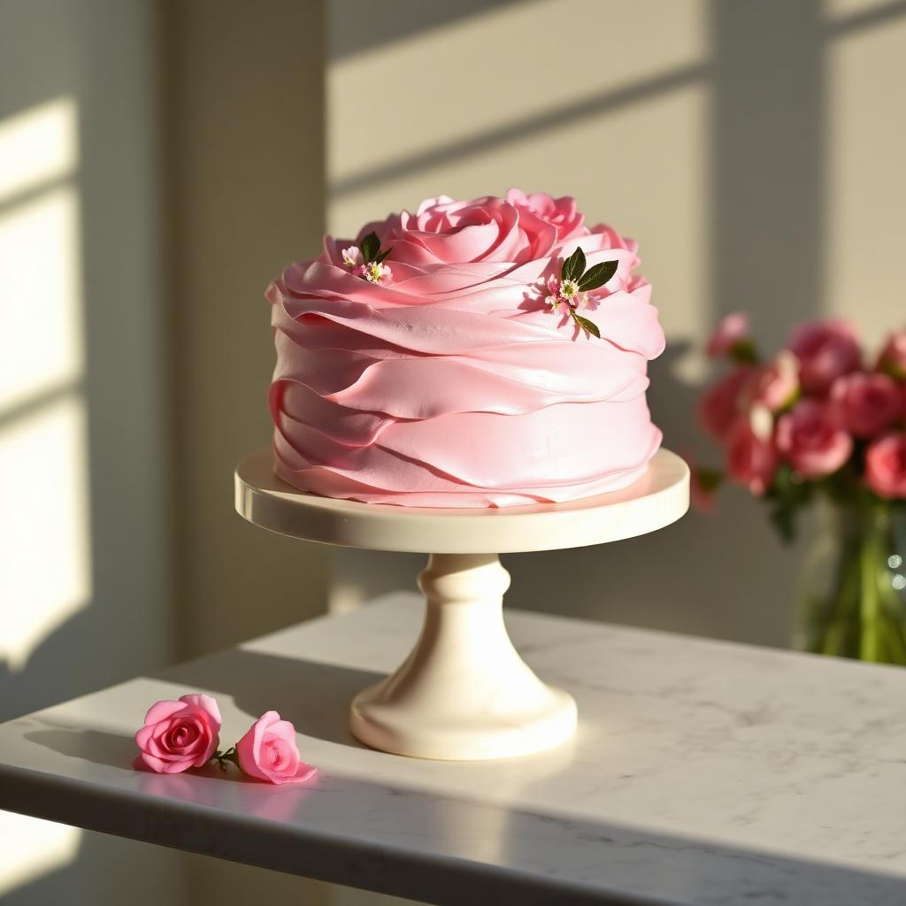 A pink rose buttercream celebration cake on a cream marble stand